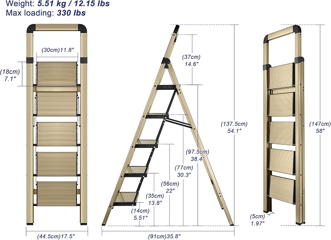 Step Ladder 5-Step Champagne Finish Aluminum Folding Ladders