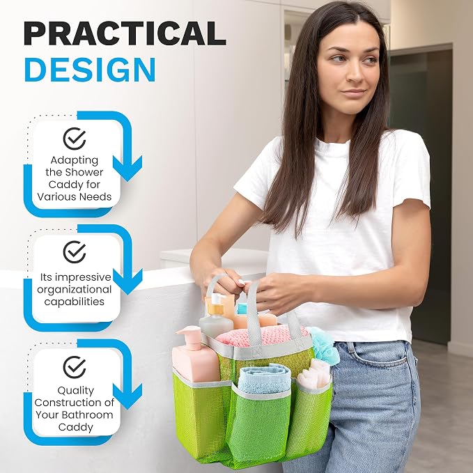 Handy Laundry Mesh Shower Caddy – 7 Pocket Portable Shower Caddy for Dorm, Gym, Travel & Bathroom – Quick-Dry Collapsible Organizer Tote Bag for College Essentials, Toiletries & Small Items (Green)