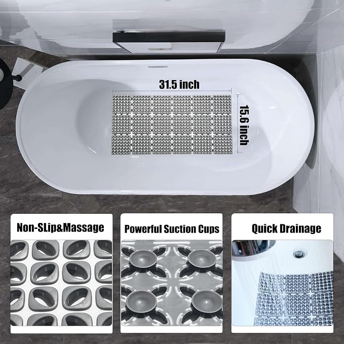Non Slip Shower Mat for Bathtub with Strong Suction Cups | Quick-Dry Drain holes.Firm Yet Elastic Surface Massages Feet.Boosts Circulation.Sticks to Wall to Dry,Folds.31.5"x15.6" Gray