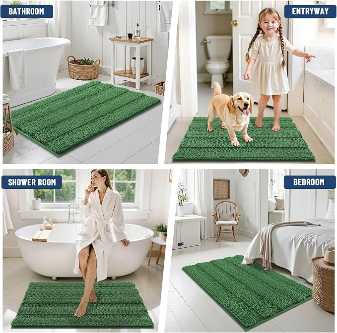 Grandaily Chenille Striped Bathroom Rugs 36x24, Extra Thick and Soft Absorbent Bath Mats, Rubber Backing, Plush Shaggy Shower Carpet, Machine Wash Dry, Bath Rug for Bathroom, Olive Green