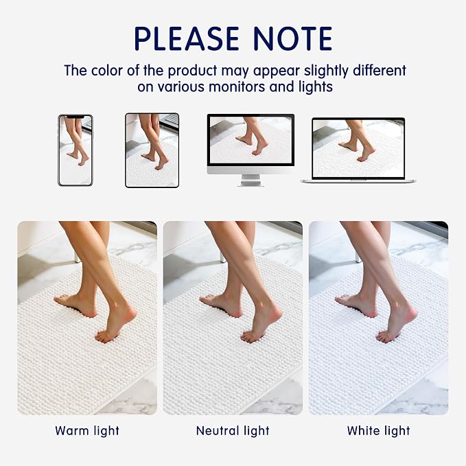 SUBRTEX Bathroom Rugs, 24" x 36" Chenille Bath Rug Soft Short Plush Bath Mat Soft Shower Mat Water Absorbent Shower Mat Quick Dry Machine Washable, White