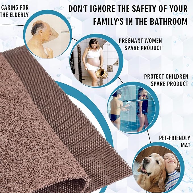 godehone Shower Mats Non Slip Without Suction Cups, PVC Loofah Bathroom Mats, Loofah Mats for Shower and Bathroom, Quick Drying, 23.6× 47.2 Inch, Brown
