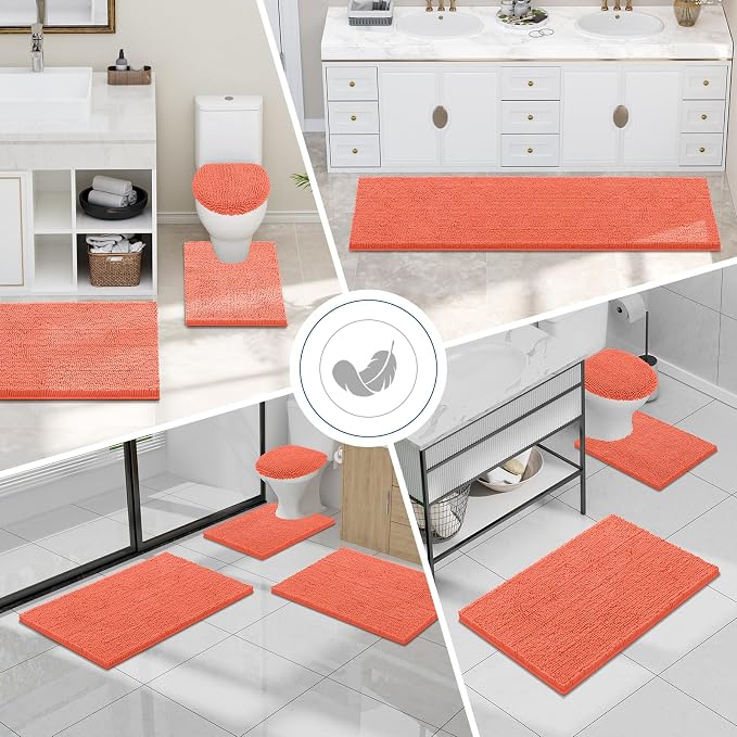 Smiry Luxury Chenille Bathroom Rugs 47x24, Extra Soft and Absorbent Shaggy Bath Mat, Machine Washable, Non-Slip Plush Carpet Runner for Tub, Shower, and Floor, Home Decor Accessories, Coral