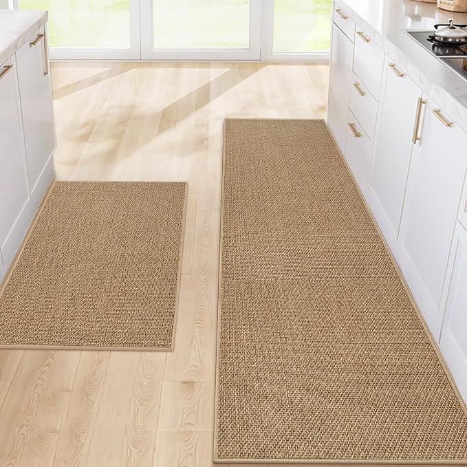 Kitchen Rugs and Mats, Non Slip Washable Set of 2 PCS, Absorbent Kitchen Mats for Floor, Kitchen Runner Rug, Rubber Backing, for Kitchen Decor, Front of Sink (Khaki, 20’’*32’’+20’’*72’’)
