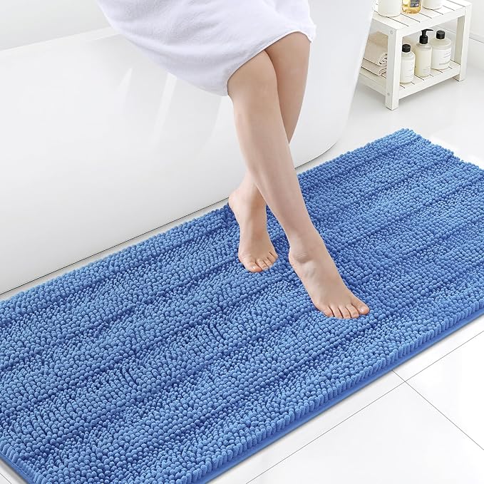 Grandaily Chenille Striped Bathroom Rugs 59x24, Extra Thick and Soft Absorbent Bath Mats, Rubber Backing, Plush Shaggy Shower Carpet, Machine Wash Dry, Bath Rug for Bathroom, Cornflower Blue