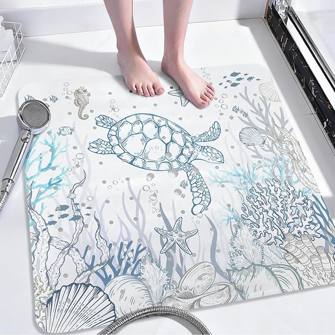 Sea Turtle Square Anti Slip Shower Mats for Inside Shower Accessories, Cute Bath Mats for Bathroom Non Slip Shower Floor Mat Decor Rubber Bathmat With Suction and Drain Holes Machine Washable, 21″X21″