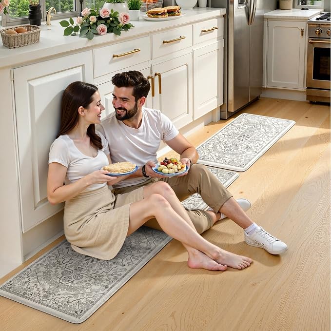 KIMODE Anti Fatigue Kitchen Mats, 2 PCS Cushioned Kitchen Rugs and Mats, Boho Kitchen Floor Mats Non Slip, Comfort Foam Standing Mat for Laundry, Office, Sink, Grey 17.3" x 59"+17.3" x 29"
