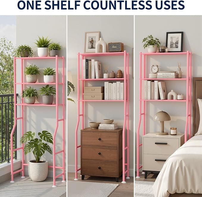 GloTika 3-Tier Over Toilet Storage Rack, Metal Over Toilet Bathroom Organizer Shelf, Freestanding Space Saver Storage Shelves for Bathroom/Laundry/Living Room (Pink)