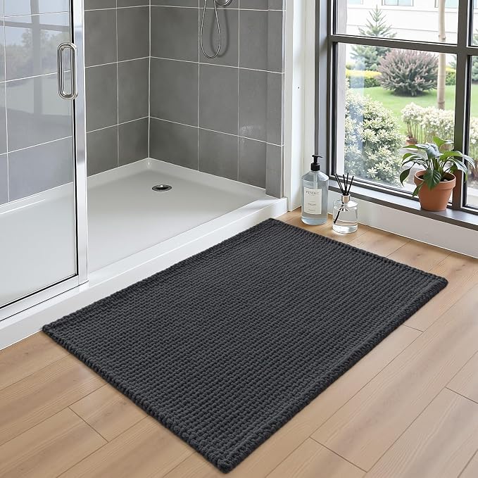 DEXI Bathroom Rugs 24x16, Non Slip Washable Bath Mat, Absorbent Chenille Bathmat, Ultra Soft Thick Carpet for Tub Shower Floor, Dark Grey