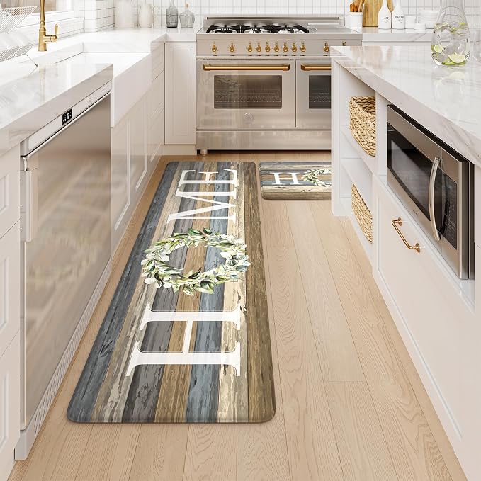 KIMODE Farmhouse Kitchen Floor Mats Cushioned Anti Fatigue,Memory Foam Rugs Non Slip Sets of 2,Long Waterproof Carpet for Sink Laundry Office Bathroom,Blue 17"x59"+17"x29"