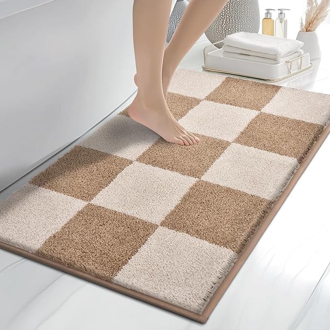 anllugs Bathroom Rugs 24" x 36", Non-Slip Extra Soft Absorbent Bath Rugs, Machine Washable Quick Dry Bath Mats for Bathroom Floor, Shower, Bathtub and Sink, Checkered Beige & Grayish Brown