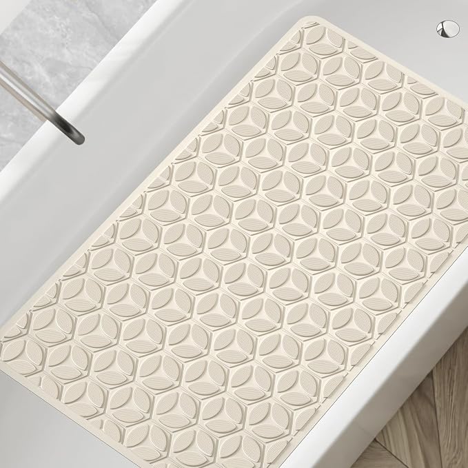 Bathtub Mat Non Slip with Suction Cups - 100% Rubber Bathroom Mat Textured for Bath Tub Shower Safety - Soft on Touch - BPA/PVC Free - Pet Dog Bath Mat - Machine Washable - 16 × 28 Inch（Beige）