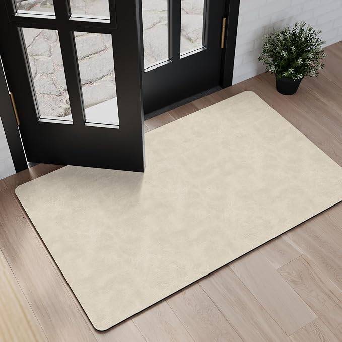 Mecko Bath Mat, Ultra Absorbent Quick Dry Bathroom Floor Mats-Rubber Non-Slip Thin Bathroom Rug Fit Under Door, Faux Suede Surface Shower Rug for Bathtub, Sink, Shower Room(Light Brown,16"x24")
