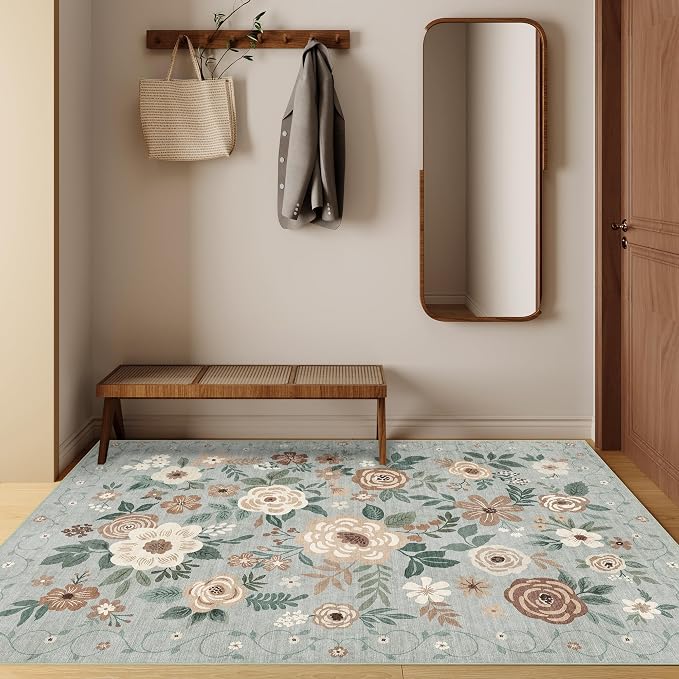 DUKINO 4x6 Feet Office Chair Mat, Lightweight Non Slip Washable Floral Area Rug, Indoor Low Pile & Non-Shedding Boho Design Rugs for Bedroom, Living Room, Dining Room, Sage Green