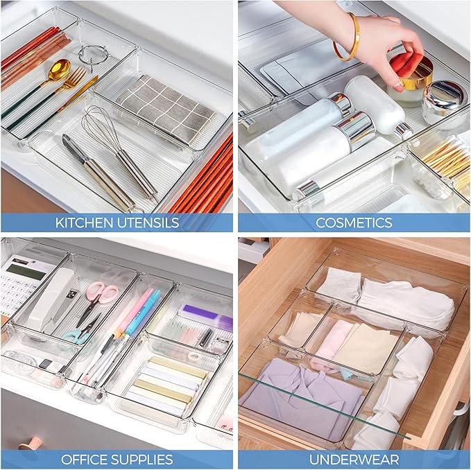 Ravinte 6 Pack Drawer Organizer - 3" X 6" Plastic Storage Bins, Acrylic Organizers with Non-Slip Pads Clear Desk Storage Tray for Makeup, Jewelries, Kitchen Utensils, Bathroom and Office