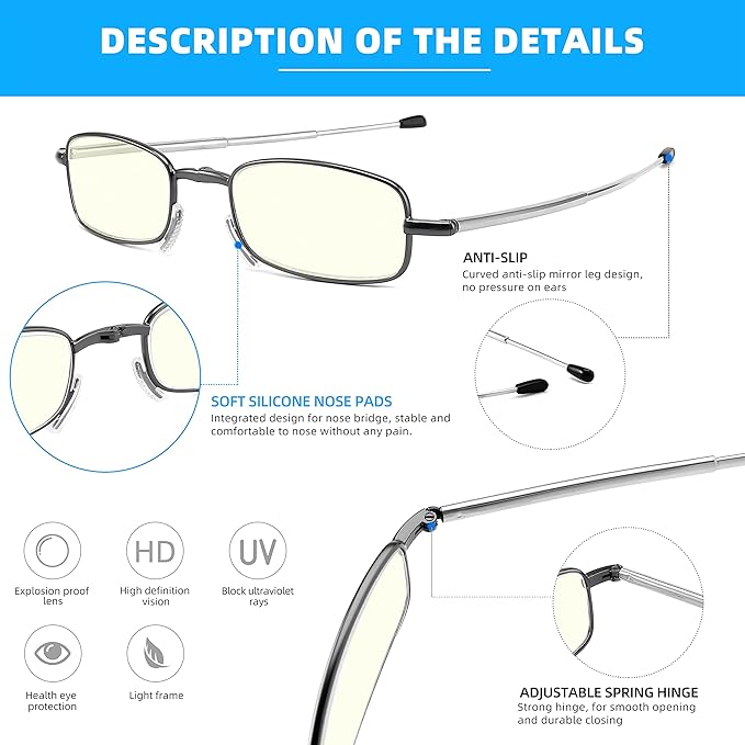 touk Foldable Reading Glasses Anti Blue Light, Soft Nose Pad Spring Hinge Compact Readers Portable Case for Men Women 2 Pack
