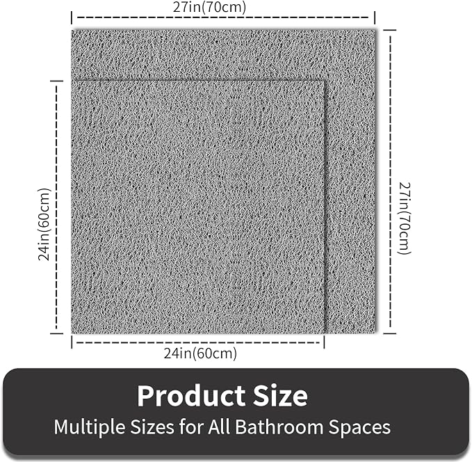 Square Shower Mat Non Slip, 27 x 27 Inch Grey Shower Floor Mat Without Suction Cups, Quick Drying Foot Scrubber PVC Loofah Bath Mats for Bathroom, Tub, Wet Area