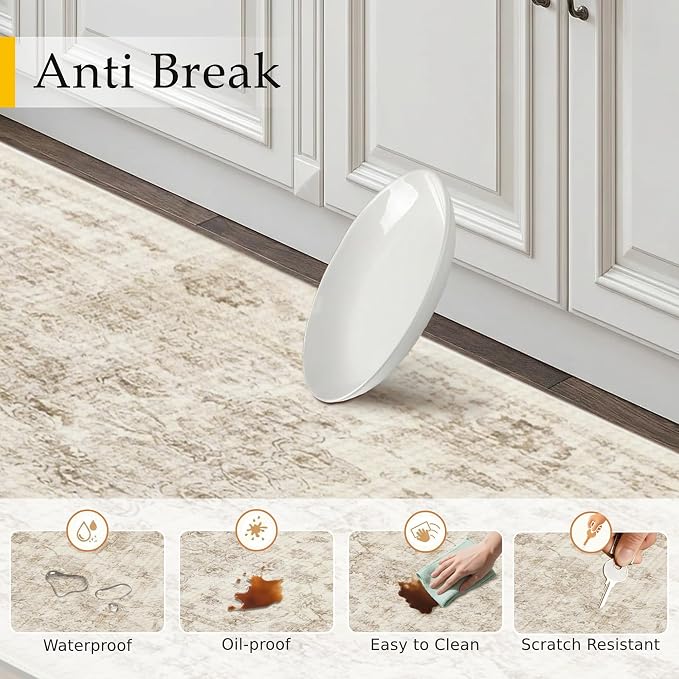 Anti Fatigue Kitchen Mat Beige Neutral Mats for Cushioned Vintage Kitchen Mats for Floor Non-Slip Waterproof Comfort Standing Rug for Sink Laundry Office 17.3"×30"