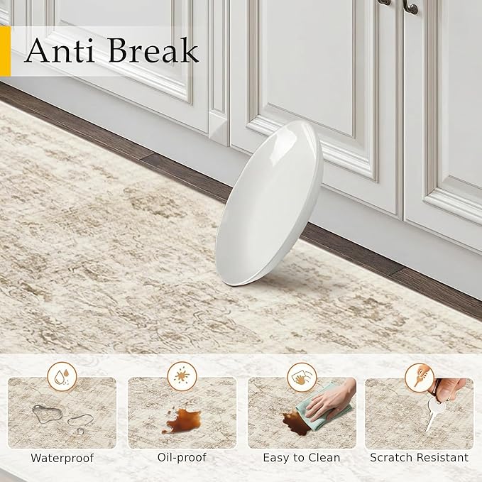 Anti Fatigue Kitchen Mats 2PCS Beige Neutral Mats for Cushioned Vintage Kitchen Matss for Floor Non-Slip Waterproof Comfort Standing Rug for Sink Laundry Office 17.3"×47"+17.3"×30"