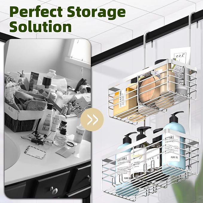 YUOROS Shower Caddy Hanging, 2 Tier Over the Door Shower Organizer Rack 304 Stainless Steel Rustproof Bathroom Storage Shampoo Holder Basket (Silver)