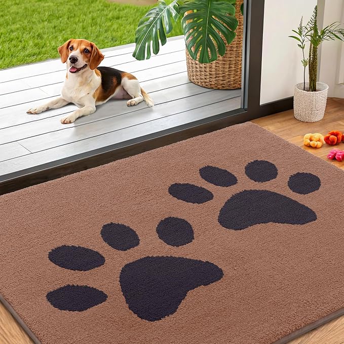 Smiry Dog Door Mat for Muddy Paws, Absorbs Moisture and Dirt, Low-Profile Entryway Mat with Non-Slip Backing, Entry Indoor Outdoor Doormat for Inside Floor (40x32 Inches, Camel and Black, Paw