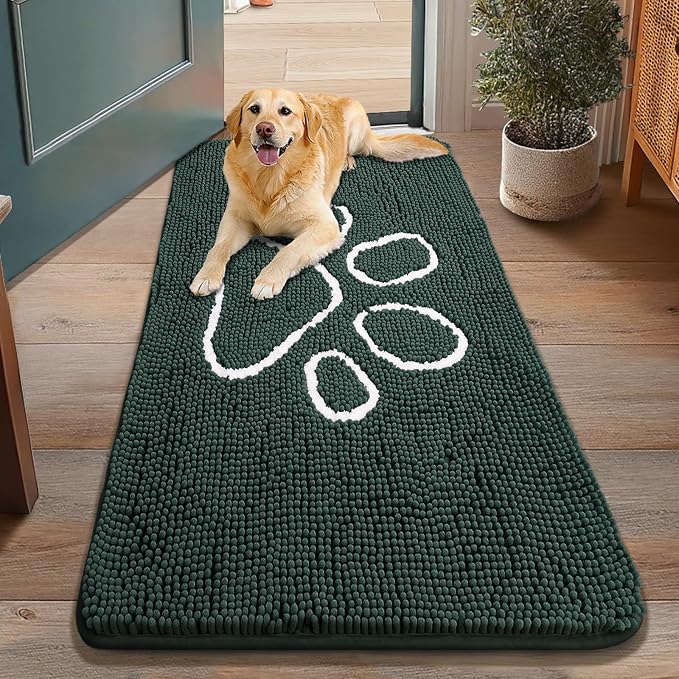 Smiry Dog Door Mat for Muddy Paws, Absorbent Dirt Trapper Non Slip Quick Dry Washable Chenille Mat for Mud Dogs, Entry Rug for Indoor and Outdoor (48x30 Inches, Green and White)