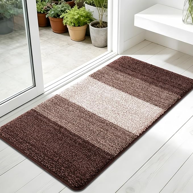 Kitinjoy Indoor Outdoor Door Mat, 45x27 Non-Slip Absorbent Dirt Trapper, Low-Profile Washable Inside Entrance Front Floor Mat, Sturdy Soft Entry Doormats for Entryway, Brown