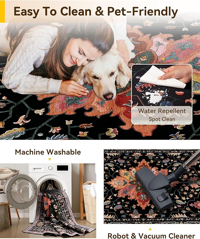 RELEANY Area Rugs Small 2'x3' Washable Non-Slip, Floral Vintage Distress Medallion Carpet for Kitchen Entryway Bathroom, Black Colorful Floral Dark Tan