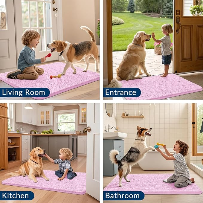 Smiry Dog Door Mat for Muddy Paws 30x20, Absorbent Dirt Trapper, Non-Slip Washable Chenille Entryway Rug for Inside Floor, Pink, Classic Solid