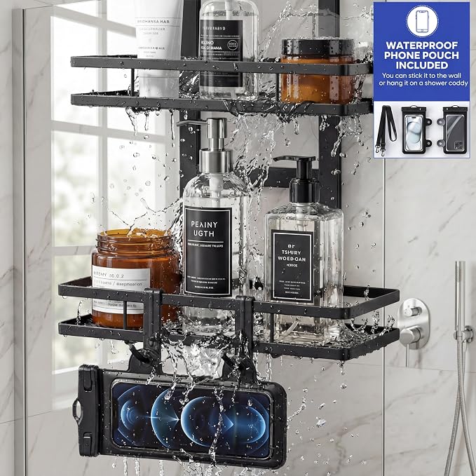 Over the Door Shower Caddy Hanging, Rustproof Shower Shelves with Waterproof Phone Pouch, 2-Tier Adjustable Bathroom Organizers and Storage, No Drilling Shower Shelf, Black Shampoo Soap Holder