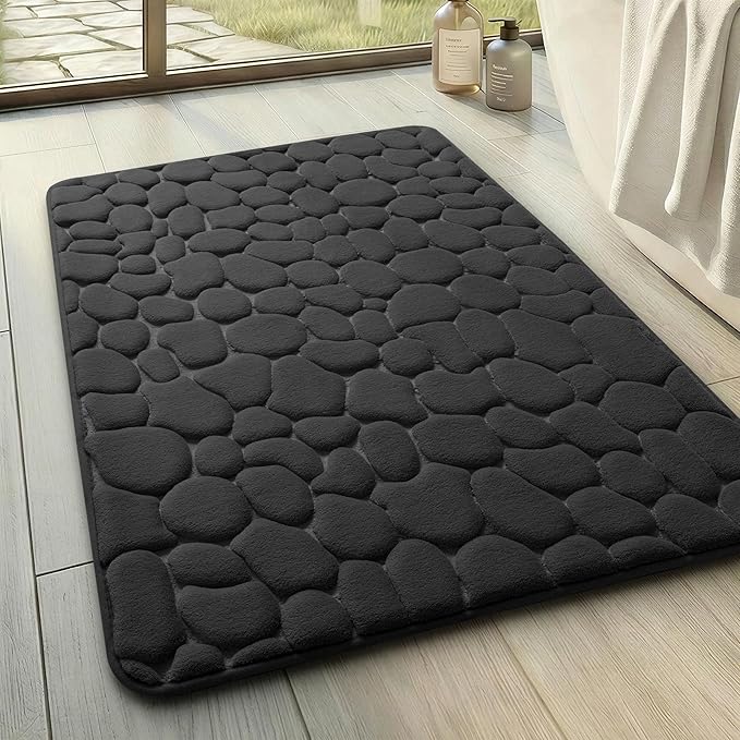 YIHOUSE Bathroom Mat Rug, Memory Foam Bath Mat, Non-Slip Bathroom Floor Mats, Cobblestone Bath Mats Absorbent Bath Rugs Washable Quick Dry (17x24,Black)