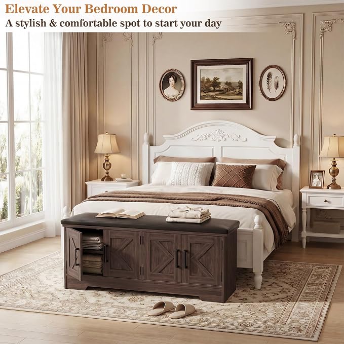 Farmhouse Shoe Storage Bench with Cushion - 43.3" Entryway Bench with Storage & 4 Barn Doors, 2-Tier Wooden Shoe Rack Bench, Shoe Cabinet & Mudroom Bench for Bedroom Hallway Living Room, Black Walnut