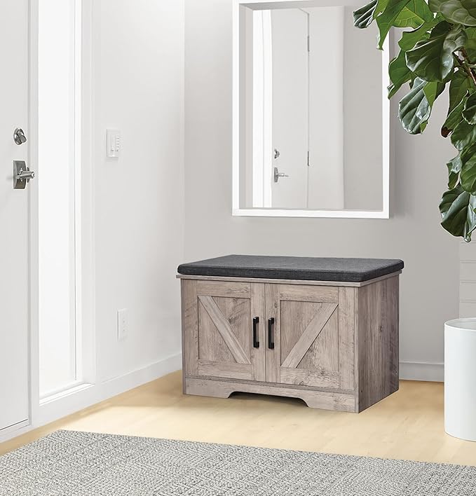 HOMSHO 2-Tier Storage Bench, 27.6" Wide Shoe Bench with Padded Seat Cushion, Entryway Bench with 2 Barn Doors and Adjustable Shelf, Greige