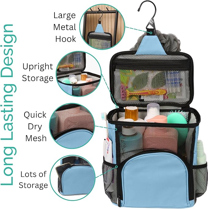 TERRA HOME College Dorm Room Essentials for Girls - Shower Caddy Dorm - Original, Portable, Durable, Roomy, Foldable Water Resistant Shower Bag in Light Pink with Metal Hook for Hanging (Light Blue)