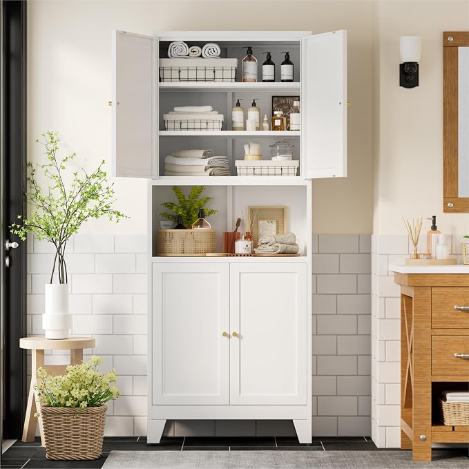 Bevivog 69" Tall Pantry Cabinet, Metal Kitchen Storage Cabinet with 4 Doors and 5 Shelves, Freestanding Metal Pantries Cupboard with Microwave Shelf for Kitchen,Dining Room,Bathroom,Laundry