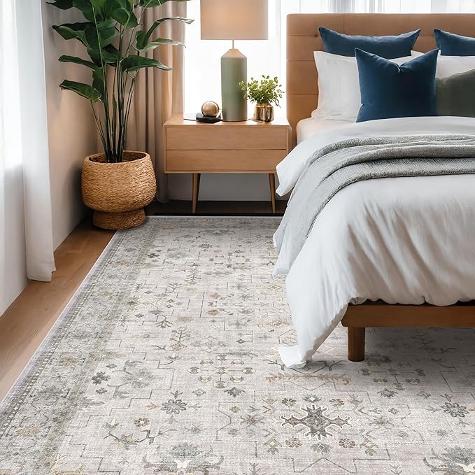 Hazo Haus Boho Light Grey 5x7 Living Room Rug - Modern Vintage Eclectic Floral Pastel Neutral Taupe, Washable Low Pile Non-Slip Large Area Rugs for Nursery Dining Under Table Bedroom Lounge