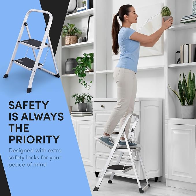 2-Step Ladder with Wide Anti-Slip Platform & Thick Rubber Feet | Heavy Duty Foldable & Portable | 330 lbs Capacity, Steel Frame, Rubber Handgrip, Folding Step Stool