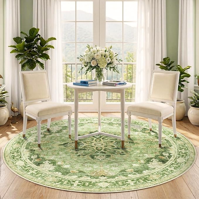 RELEANY Area Rugs Round 5ft Washable Non-Slip, Floral Vintage Distress Medallion Carpet for Living Room Bedroom Dining Room, Sage Green Yellow