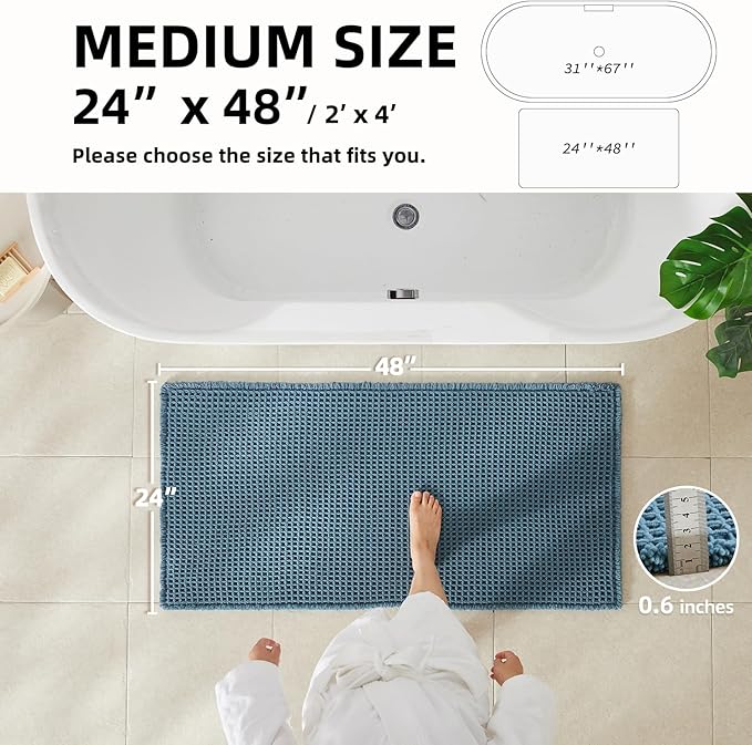 TYUU Waffle Bath Mat, Boho Bathroom Rugs Non Slip Washable Super Absorbent Quick Dry Bath Mat Farmhouse Bathroom Decor, 48"x24" Denim Blue