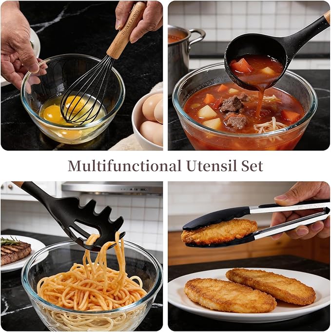 Silicone 10 Pcs Kitchen Cooking Utensils Set, Recycled Materials Certification, BPA Free Spatula Set with Heat Resistant Wood Handles for Nonstick Cookware, Black
