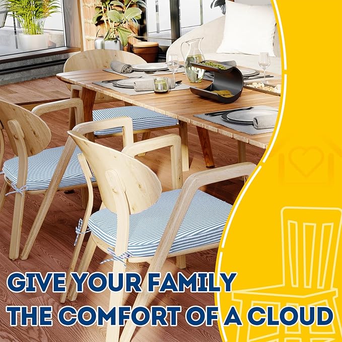 AAAAAcessories D-Shaped Chair Cushions, 2" Thick Dining Chair Pads with Ties and Removable, Machine-Washable Cover, 17" x 16", Set of 2, Pinstripe Blue