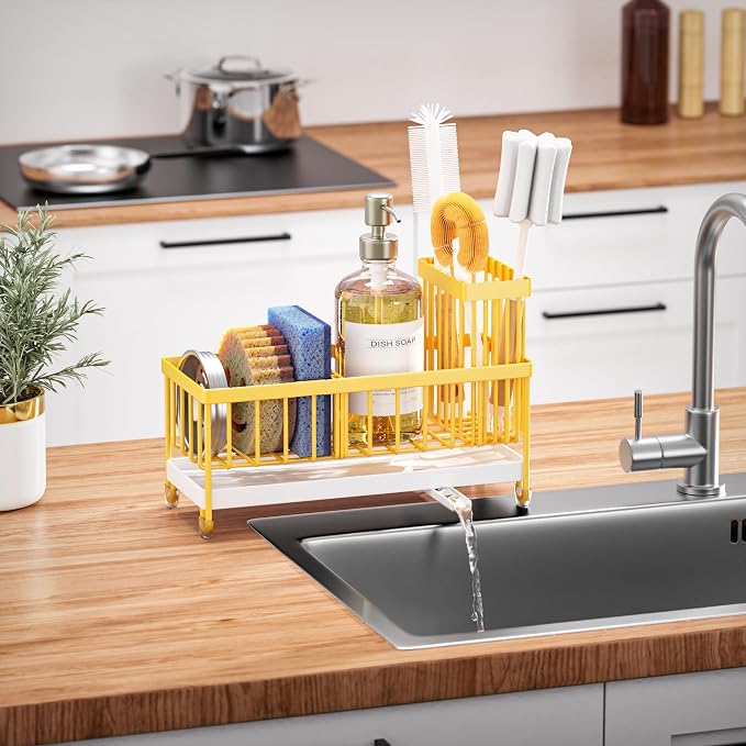 Cisily Sponge Holder for Kitchen Sink, Sink Caddy Organizer with High Brush Holder, Kitchen Countertop Organizers and Storage Essentials, Rustproof 304 Stainless Steel (Yellow, 9.25″)