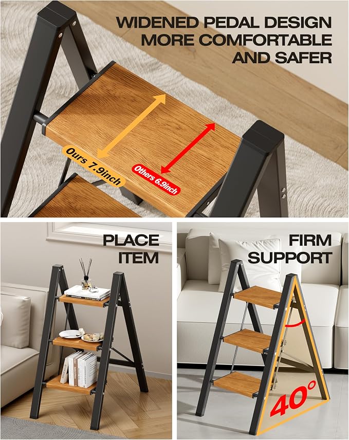 Taranta 3 Step Ladder,Aluminum Lightweight Folding 3 Step Stool with Anti-Slip Wide Pedal, 330lbs Capacity Step Ladder for Household,Kitchen,Office - BlackWoodgrain