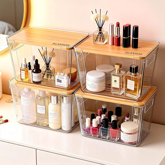 2 Pack Clear Storage Bins with Bamboo Lid, Garbage Bag Dispenser, Pantry Organizers and Storage for Onion Potato, Under Sink Organizer for Kitchen Laundry Room