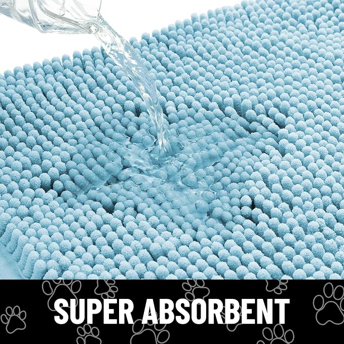 Smiry Dog Door Mat for Muddy Paws, Absorbent Dirt Trapper Non Slip Quick Dry Washable Chenille Mat for Mud Dogs, Entry Rug for Indoor and Outdoor (59x35 Inches, Sky Blue and White)