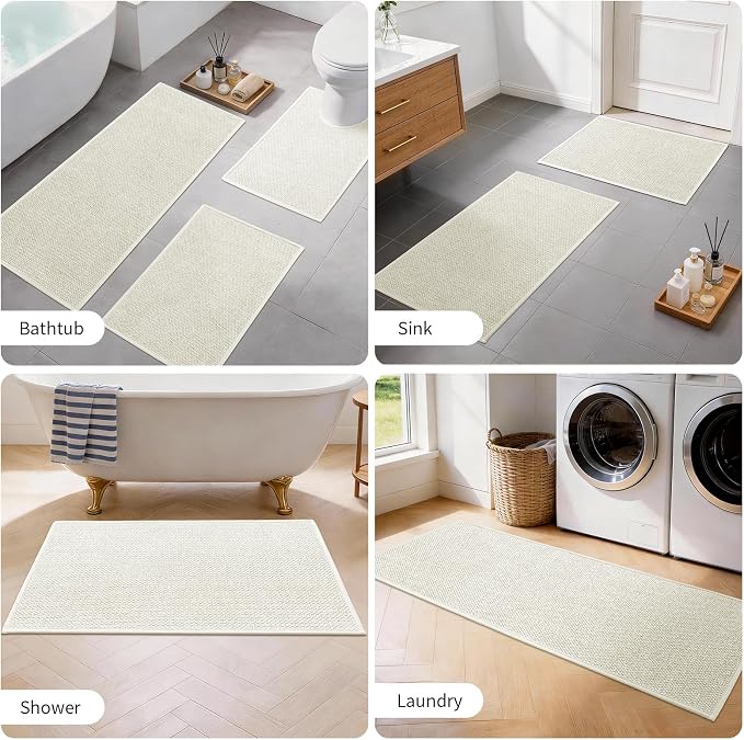 YIHOUSE Beige Bathroom Rugs Sets 4 Piece, Quick Dry Thin Bath Mat with Toilet Rug, Non Slip Absorbent Machine Washable, Bath Runner Rugs for Bathtub Sink Home Decor