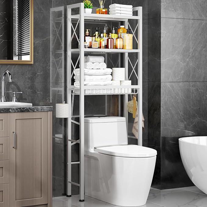 Kalrin Over The Toilet Storage with X Shape Side Guardrail, 3-Tier Over Toilet Storage Rack with Drain Basket, Freestanding Bathroom Organizer for Balcony Laundry, Pure White