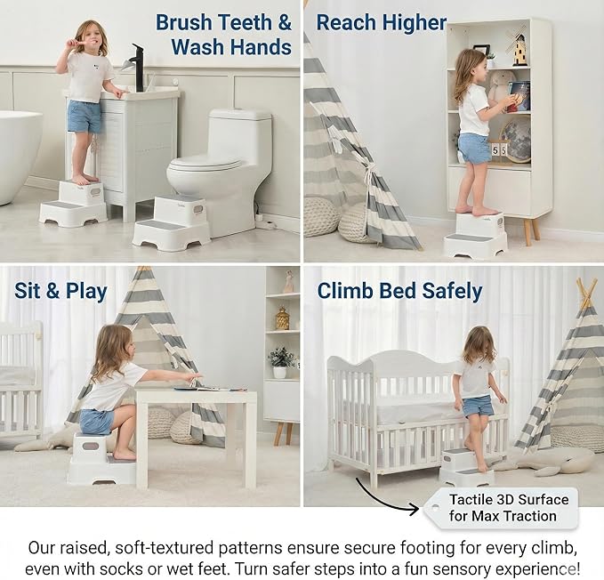 2-Pack Step Stool for Kids – Non-Slip Toddler Step Stool for Bathroom Sink & Potty Training – Heavy Duty 200 lbs, Includes Faucet Extender & Duck Bath Toys (Gray White)