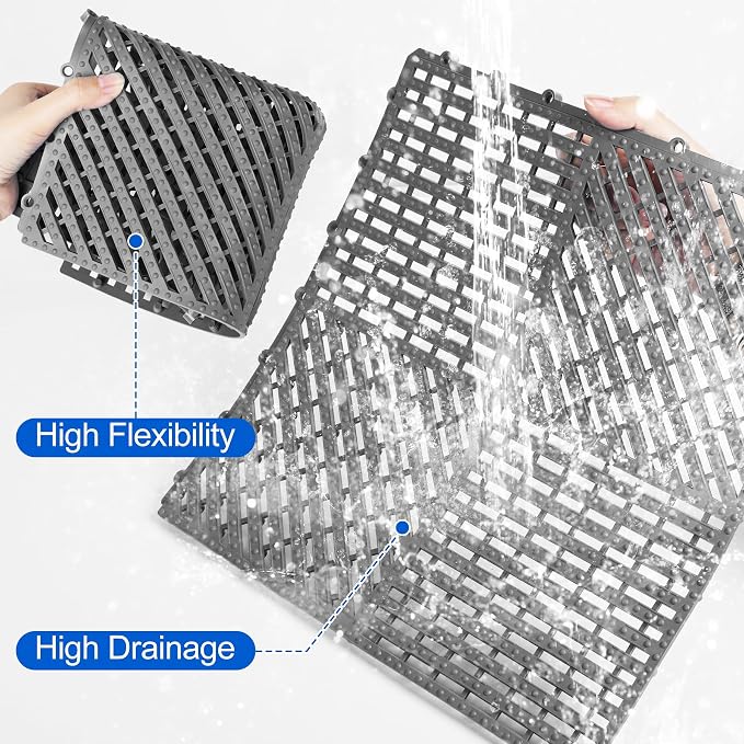 ToLanbbt Modular Interlocking Cushion 12P 11.8" x 11.8" Interlocking Rubber Floor Drain Holes Non-Slip Splicing Drainage Mats for Deck, Shower, Kitchen, Drain Pool, Sauna Bath (Dark Grey, 1 Rows Dots)