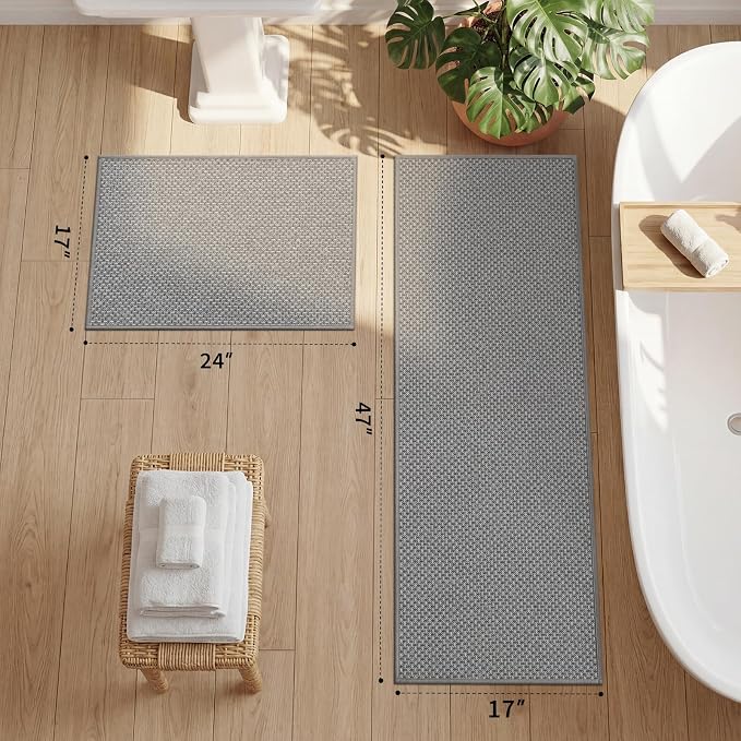 YIHOUSE Thin Bath Mat Grey Bathroom Rugs Sets 2 Pieces, Non Slip Absorbent Mats Quick Dry, Woven Rugs Washable, Tapetes para Baño for Bathroom Toliet,Bathtub(17"x24"+17"x47")